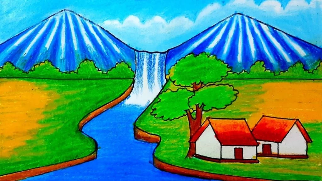 gambar gunung rumah dan air terjun
